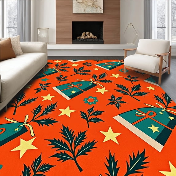 ODIKA 2'x3' Machine Washable Non-Slip Area Rug, Joyful Yuletide Celebration with Ribboned Gifts and Twinkling Stars High Traffic Rug with Pad, Orange, 622597