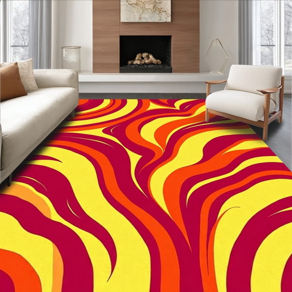 ODIKA 2'x3' Machine Washable Non-Slip Area Rug, Jubilant Wave Panorama Elegant Stroke Contemporary Motif High Traffic Rug, Yellow, 664378