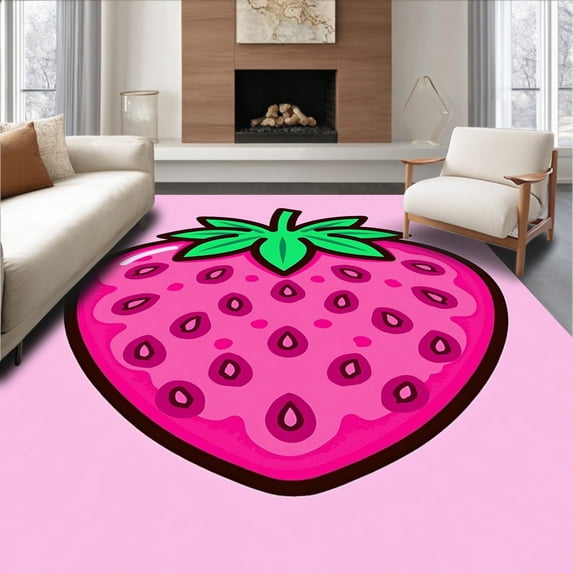 ODIKA 2'x3' Machine Washable Non-Slip Area Rug, Juicy Strawberry Fruity Tufted Whimsical Decorative Accent Floor High Traffic Rug with Pad, Pink, 728217