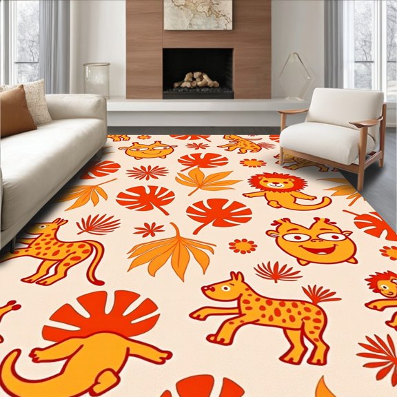 ODIKA 2x3 Machine Washable Non-Slip Area Rug, Jungle Adventure Safari Wildlife Playmat With Giraffe Lion Monkey High Traffic Rug with Pad, Beige, 683717