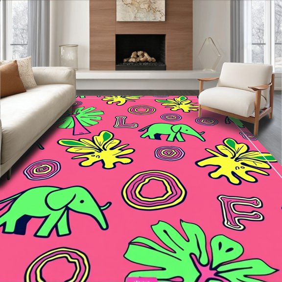 ODIKA 2x3 Machine Washable Non-Slip Area Rug, Jungle Creature ABC Educational Floor with Monkey Elephant Tiger Art High Traffic Rug with Pad, Pink, 699514