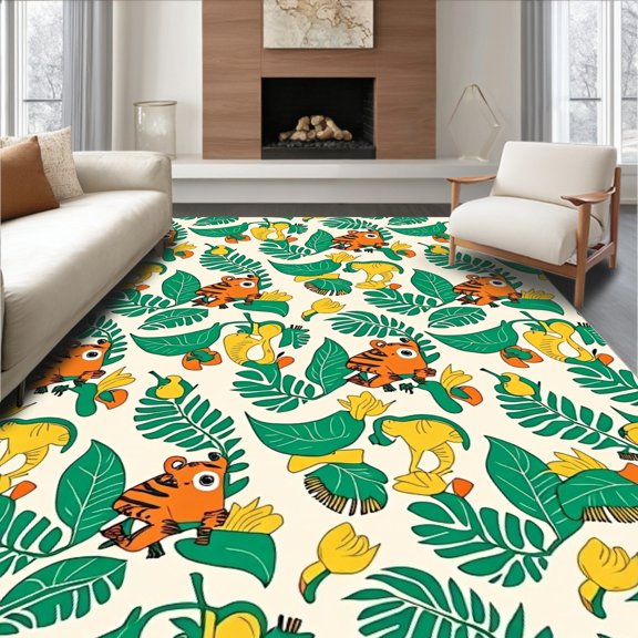 ODIKA 2x3 Machine Washable Non-Slip Area Rug, Jungle Creatures Educational Phonics Design with Monkeys Tigers Parrots High Traffic Rug with Pad, Green, 681824
