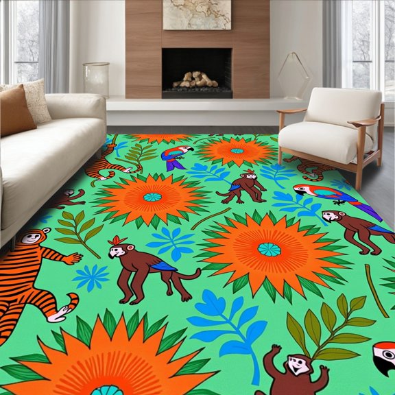 ODIKA 2x3 Machine Washable Non-Slip Area Rug, Jungle Expedition featuring Monkey Tiger Parrot Tropical Motifs High Traffic Rug with Pad, Green, 681924