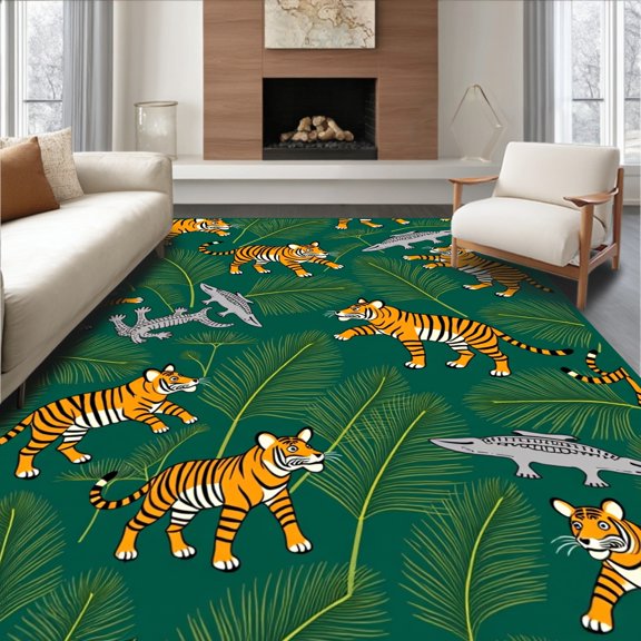 ODIKA 2x3 Machine Washable Non-Slip Area Rug, Jungle Explorer Theme with Tigers Hippos Crocodiles Palm Leaves High Traffic Rug, Green, 682258