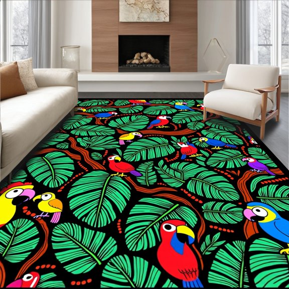ODIKA 2x3 Machine Washable Non-Slip Area Rug, Jungle Explorer Tropical Rainforest Creatures Crawling with Monkeys Parrots High Traffic Rug, Green, 685042