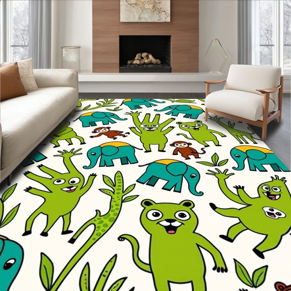 ODIKA 2x3 Machine Washable Non-Slip Area Rug, Jungle Explorer Wild Animal Themed Nursery High Traffic Rug, Green, 685906