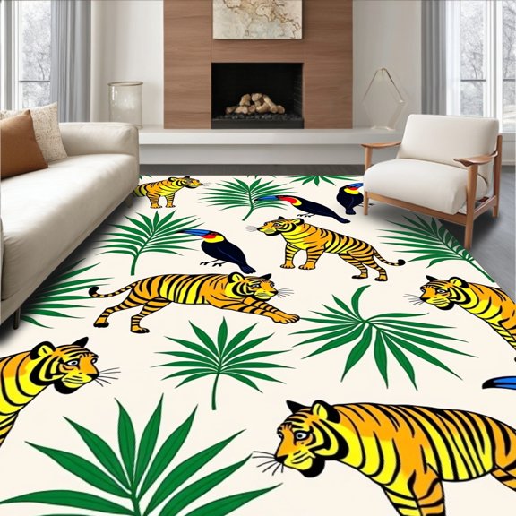 ODIKA 2x3 Machine Washable Non-Slip Area Rug, Jungle Friends Customized with Monkey Toucan Tiger Graphics High Traffic Rug, Orange, 683383