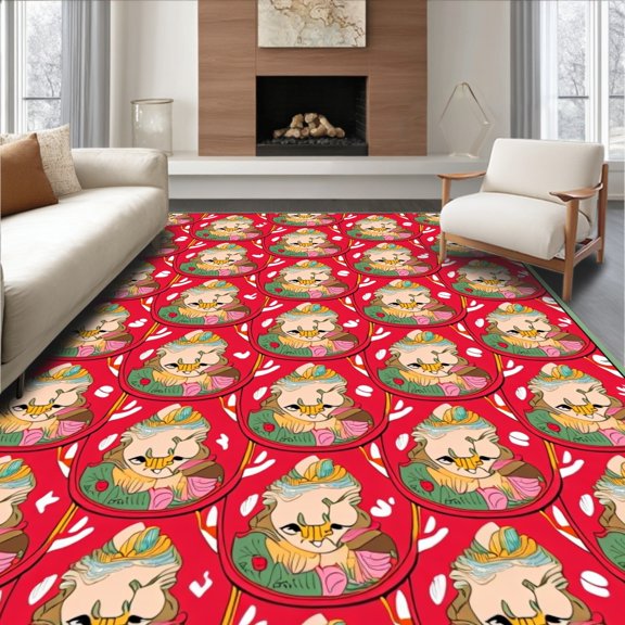 ODIKA 2x3 Machine Washable Non-Slip Area Rug, Jungle Friends Storybook Featuring Lion Zebra and Monkey Illustrations High Traffic Rug with Pad, Red, 684932