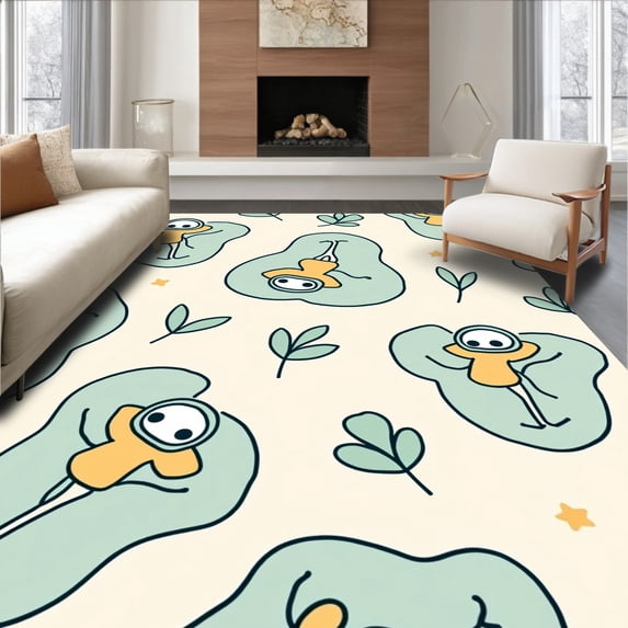 ODIKA 2'x3' Machine Washable Non-Slip Area Rug, Jungle Storytime with Playful Animal Friends and Botanical Accents High Traffic Rug, Ivory, 684076