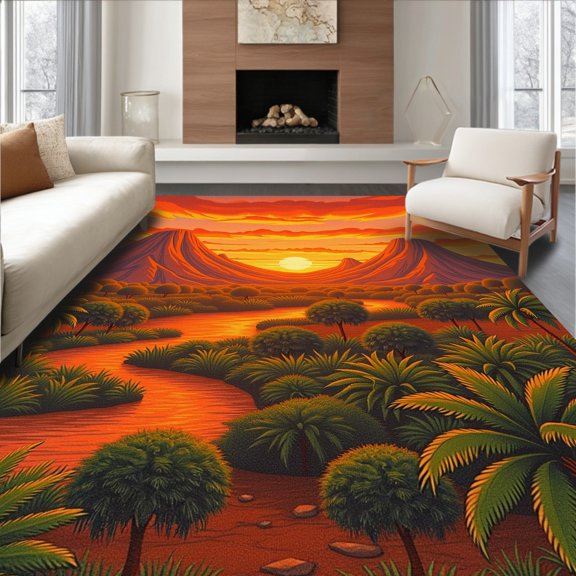 ODIKA 2x3 Machine Washable Non-Slip Area Rug, Jurassic Adventure Activity Floor With Prehistoric Creatures High Traffic Rug, Orange, 682036