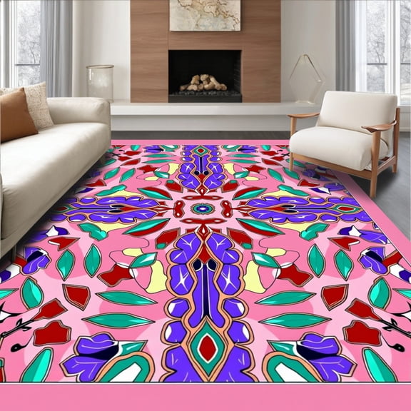 ODIKA 2x3 Machine Washable Non-Slip Area Rug, Kaleidoscope Dream Latch Hook Kit Crochet Yarn DIY Embroidery High Traffic Rug, Pink, 643867