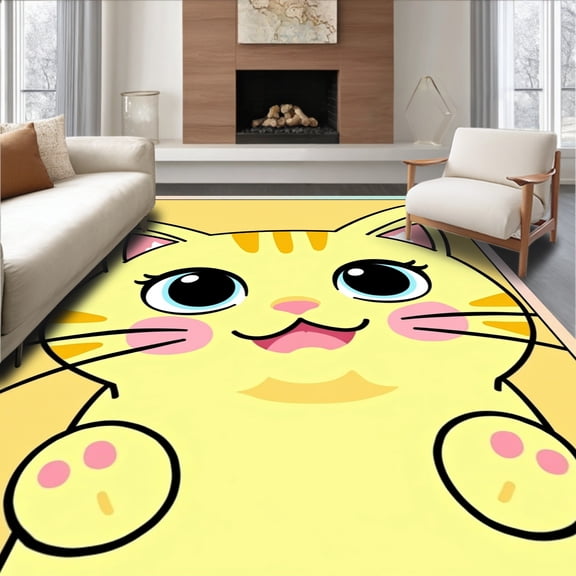 ODIKA 2x3 Machine Washable Non-Slip Area Rug, Kawaii Cat Face Tufted with Whiskers Design Bath High Traffic Rug, Yellow, 700418