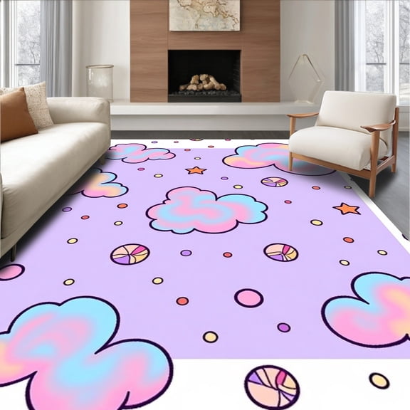 ODIKA 2x3 Machine Washable Non-Slip Area Rug, Kawaii Cloud Sprinkle Pastel Delight Wonderland High Traffic Rug, Purple, 493748