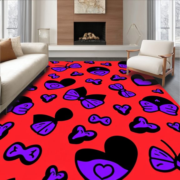 ODIKA 2'x3' Machine Washable Non-Slip Area Rug, Kawaii Hearts and Bowties Fantasy with Playful Doodles High Traffic Rug, Red, 700285
