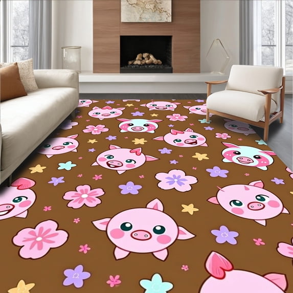 ODIKA 2x3 Machine Washable Non-Slip Area Rug, Kawaii Piggy Tapestry Hook Art Decorative Cushion Cover High Traffic Rug, Brown, 641530