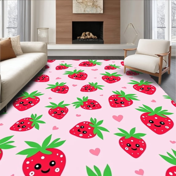 ODIKA 2'x3' Machine Washable Non-Slip Area Rug, Kawaii Strawberry Splash Bath Adorable Fruit Design Non Slip High Traffic Rug with Pad, Red, 729506