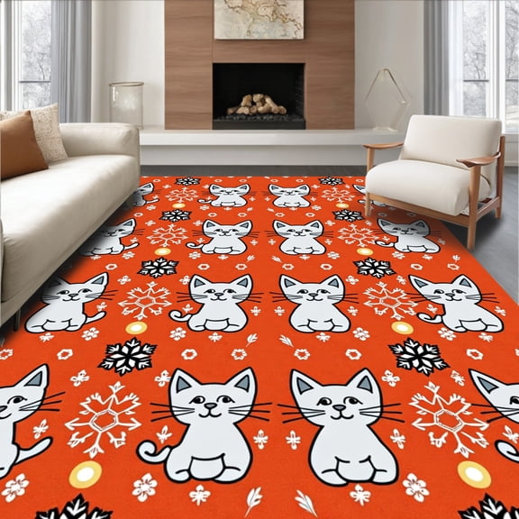 ODIKA 2x3 Machine Washable Non-Slip Area Rug, LED Winter Village Cat Portrait Decorative Floor with Snowflake Design High Traffic Rug, Orange, 617409