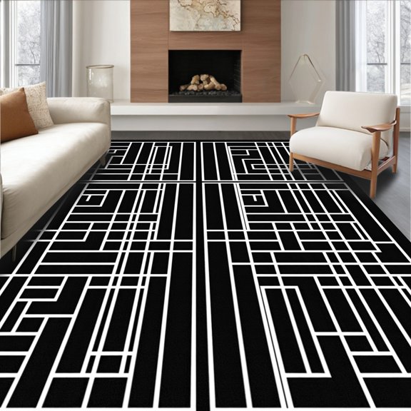 ODIKA 2x3 Machine Washable Non-Slip Area Rug, Labyrinth Maze Architectural Structured Interlaced Composition High Traffic Rug, Black, 531414