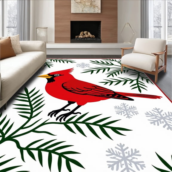ODIKA 2x3 Machine Washable Non-Slip Area Rug, Latch Hook Kit Snowy Cardinal Needlework Tapestry Canvas High Traffic Rug, Red, 648639