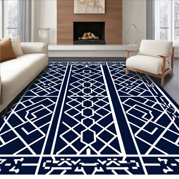 ODIKA 2x3 Machine Washable Non-Slip Area Rug, Lattice Grid Modern Minimalist Interlocking High Traffic Rug, Blue, 537739