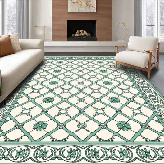 ODIKA 2x3 Machine Washable Non-Slip Area Rug, Lattice Trellis with Botanical Vine Motifs High Traffic Rug, Teal, 530798