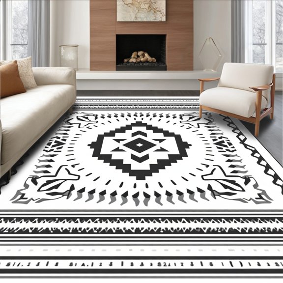ODIKA 2x3 Machine Washable Non-Slip Area Rug, Lattice with Chevron Accent Bands High Traffic Rug, White, 590778