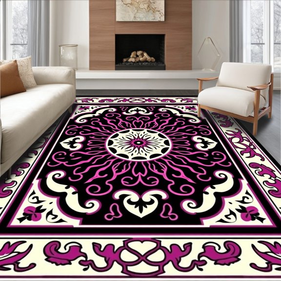 ODIKA 2x3 Machine Washable Non-Slip Area Rug, Latticework Medallion and Swirling Vine High Traffic Rug, Black, 519077