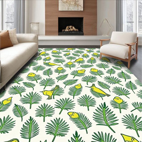 ODIKA 2x3 Machine Washable Non-Slip Area Rug, Leafy Canopy Songbird Haven Artistic Tapestry High Traffic Rug, Yellow, 542064
