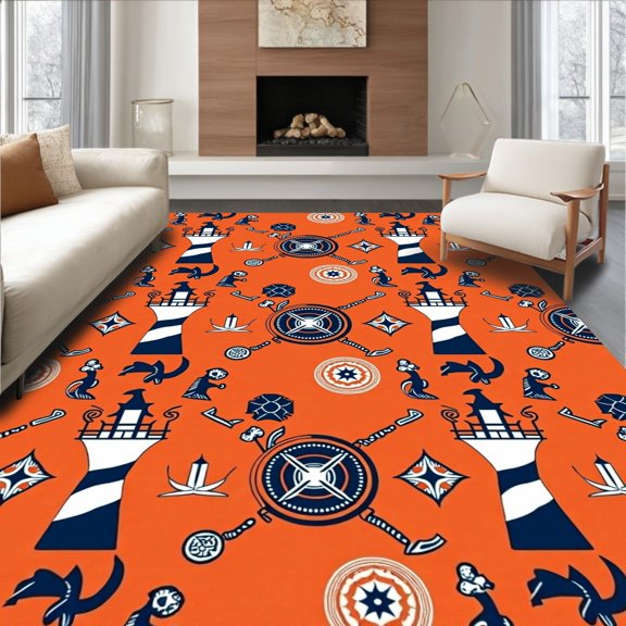 ODIKA 2x3 Machine Washable Non-Slip Area Rug, Lighthouse Harbor Waves U Shaped Quick Dry Technology High Traffic Rug, Orange, 708216