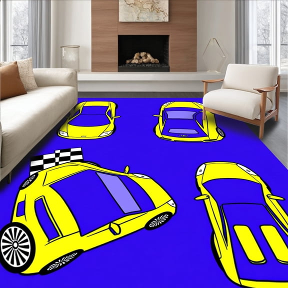 ODIKA 2x3 Machine Washable Non-Slip Area Rug, Lightning Fast Sports Car Championship Decorative High Traffic Rug, Yellow, 700556