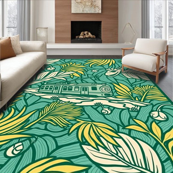 ODIKA 2x3 Machine Washable Non-Slip Area Rug, Locomotive Adventure Scene Featuring Jungle Creatures and Tropical Leaves High Traffic Rug, Green, 682775