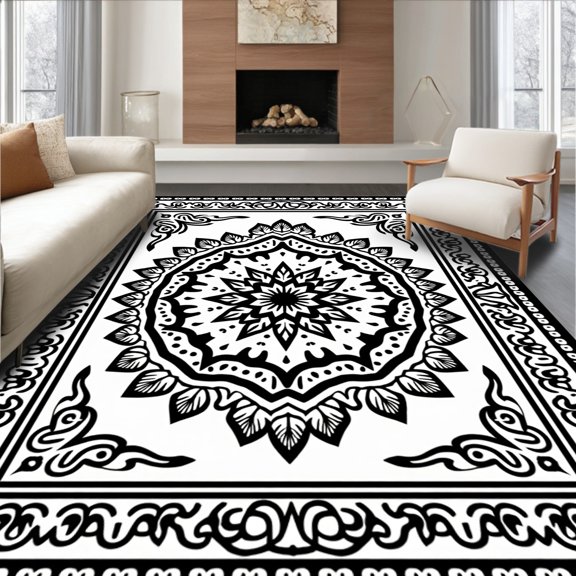 ODIKA 2x3 Machine Washable Non-Slip Area Rug, Lotus Medallion with Paisley Filigree Accent High Traffic Rug, Black, 717033