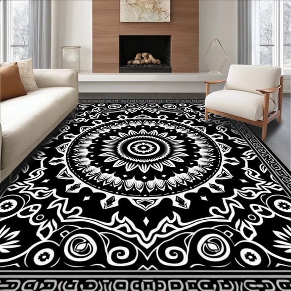 ODIKA 2x3 Machine Washable Non-Slip Area Rug, Low Pile Boho Statement Floor Covering with Center Design High Traffic Rug, Black, 558252