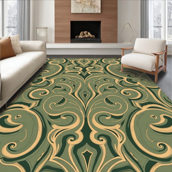 ODIKA 2x3 Machine Washable Non-Slip Area Rug, Lush Meadow Wavy Lattice Interlocking Swirl Deluxe High Traffic Rug, Green, 579449