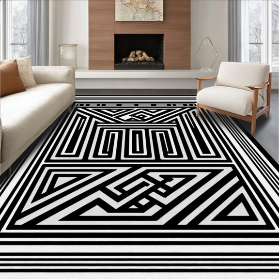 ODIKA 2x3 Machine Washable Non-Slip Area Rug, Luxurious Bordered Maze Labyrinth Decorative Elegant Stylish High Traffic Rug, Black, 600741