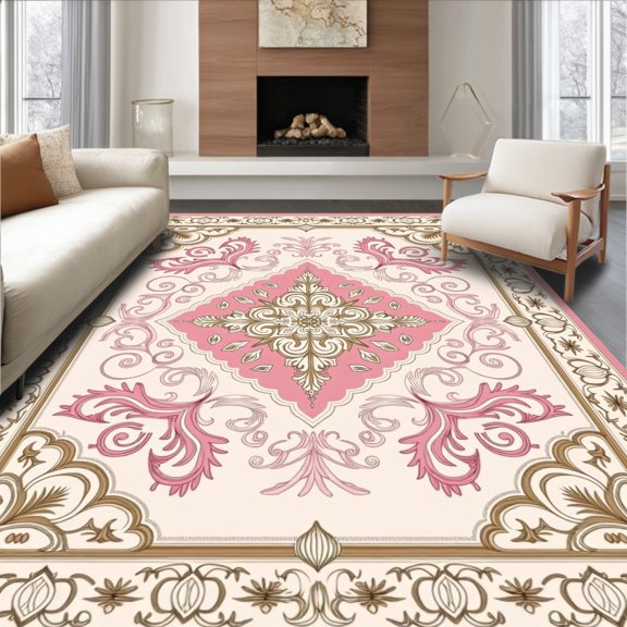 ODIKA 2x3 Machine Washable Non-Slip Area Rug, Luxurious Damask Heritage Scroll Weaving High Traffic Rug, Pink, 564592