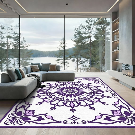 ODIKA 2x3 Machine Washable Non-Slip Area Rug, Luxurious Floral Medallion Vintage Distressed Elegant Seamed High Traffic Rug, Purple, 931687