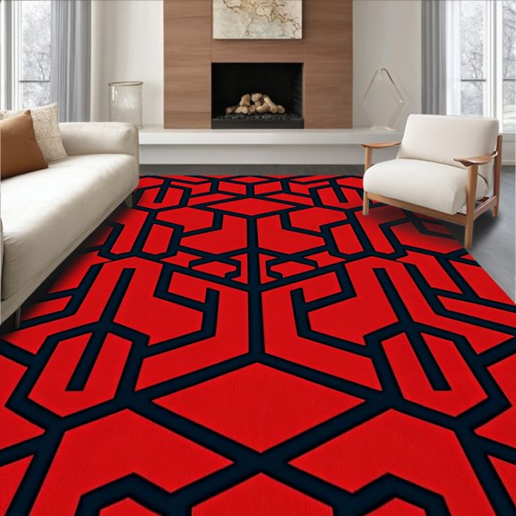 ODIKA 2x3 Machine Washable Non-Slip Area Rug, Luxurious Hexagonal Honeycomb Trellis Abstract Modern Artistic Grid High Traffic Rug, Red, 590140