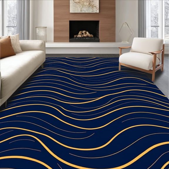 ODIKA 2x3 Machine Washable Non-Slip Area Rug, Luxurious Plush Shag Pile Elegant Contemporary Wave Textured High Traffic Rug, Blue, 607613