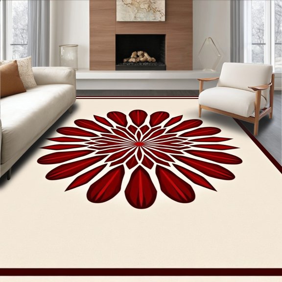 ODIKA 2x3 Machine Washable Non-Slip Area Rug, Luxurious Sunburst Radial Bloom Decorative Floor Statement High Traffic Rug, Red, 503101