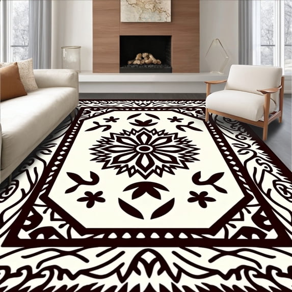 ODIKA 2'x3' Machine Washable Non-Slip Area Rug, Luxurious Symmetrical Medallion Zig Zag Contemporary Decorative High Traffic Rug, Brown, 585924
