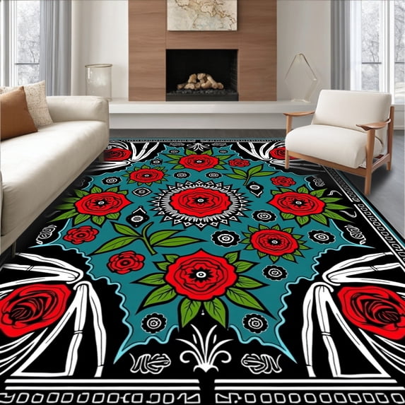 ODIKA 2'x3' Machine Washable Non-Slip Area Rug, Macabre Blossom Needlework Skeleton Cushion Project High Traffic Rug with Pad, Red, 743435