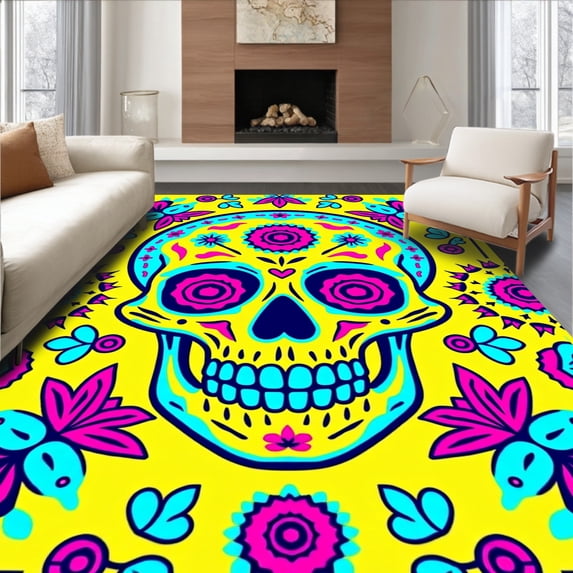 ODIKA 2'x3' Machine Washable Non-Slip Area Rug, Macabre Day Dead Sugar Face Artistic High Traffic Rug with Pad, Yellow, 702722