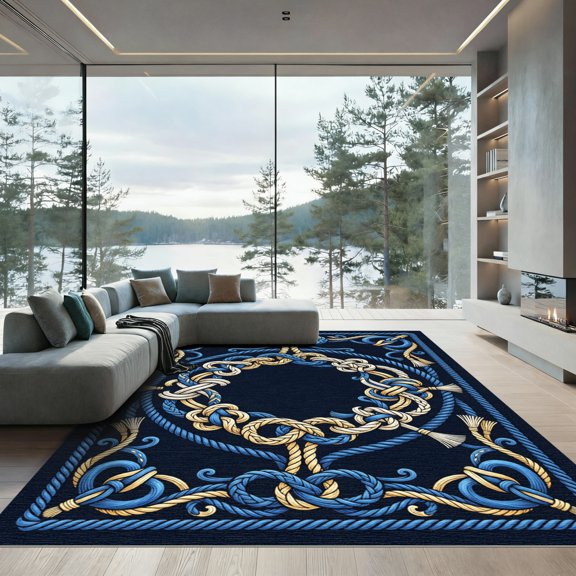 ODIKA 2x3 Machine Washable Non-Slip Area Rug, Macrame Navy Blue High Traffic Rug, Blue, 1249941