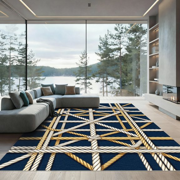 ODIKA 2x3 Machine Washable Non-Slip Area Rug, Macrame Navy Blue High Traffic Rug, Blue, 1309635