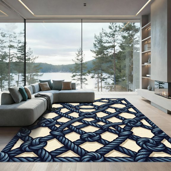 ODIKA 2x3 Machine Washable Non-Slip Area Rug, Macrame Navy Blue High Traffic Rug, Blue, 982765