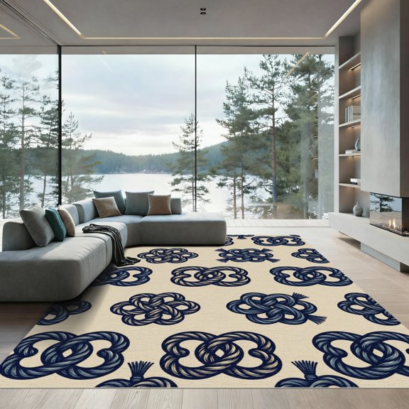 ODIKA 2x3 Machine Washable Non-Slip Area Rug, Macrame Navy High Traffic Rug, Beige, 1160844