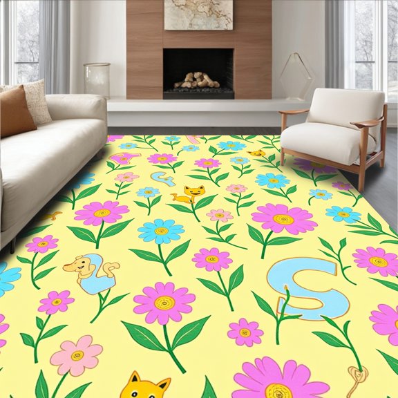 ODIKA 2x3 Machine Washable Non-Slip Area Rug, Magical Meadow Alphabet Garden with Delightful Critters and Letter Blooms High Traffic Rug, Yellow, 699522