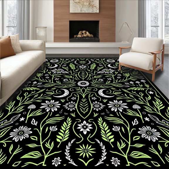 ODIKA 2x3 Machine Washable Non-Slip Area Rug, Magical Meadow Moonlit Insect Botanical Fungal Harvest Doormat High Traffic Rug, Black, 514151