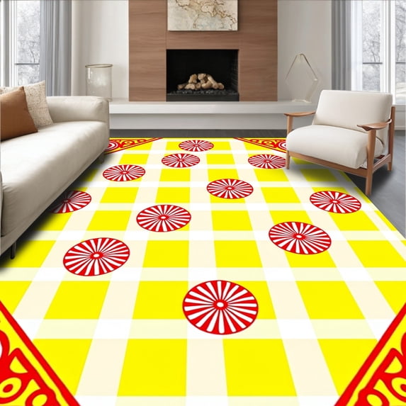 ODIKA 2'x3' Machine Washable Non-Slip Area Rug, Magical North Pole Gingham Wonderland Inspiration High Traffic Rug, Yellow, 621877